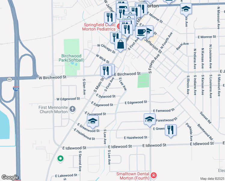 map of restaurants, bars, coffee shops, grocery stores, and more near 222 East Crestwood Street in Morton