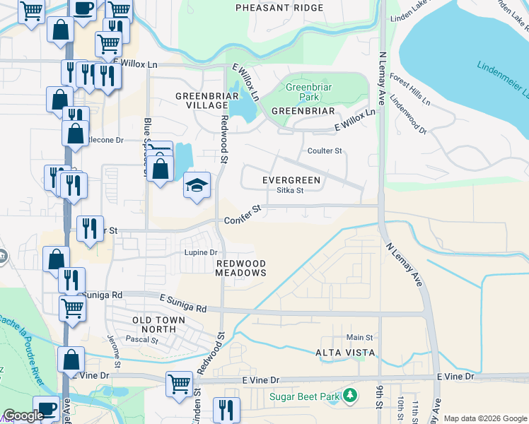 map of restaurants, bars, coffee shops, grocery stores, and more near 631 Conifer Street in Fort Collins