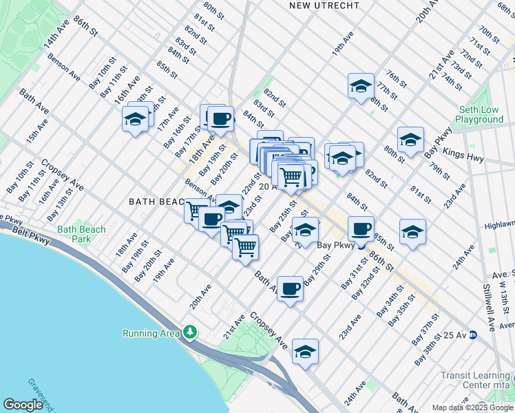 map of restaurants, bars, coffee shops, grocery stores, and more near 8656A 20th Avenue in Brooklyn