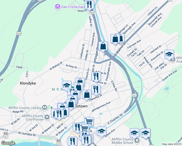 map of restaurants, bars, coffee shops, grocery stores, and more near 127 Logan Street in Lewistown