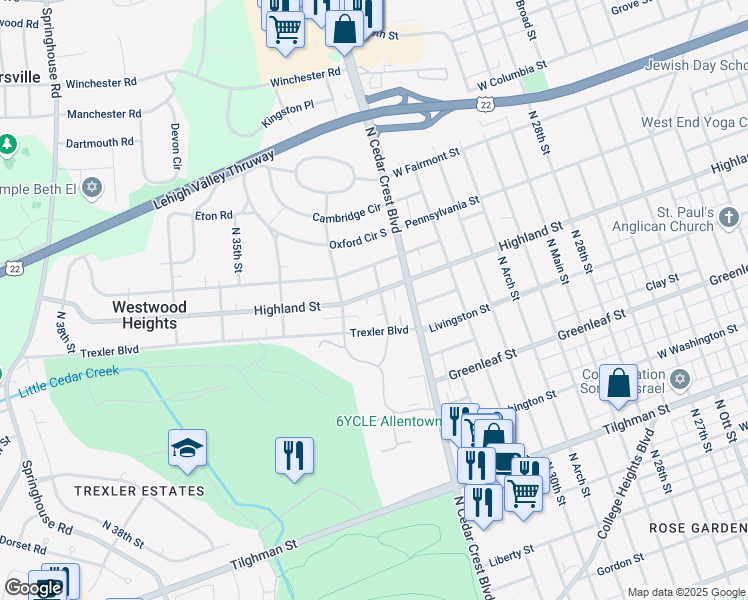 map of restaurants, bars, coffee shops, grocery stores, and more near 1030 North 32nd Street in Allentown