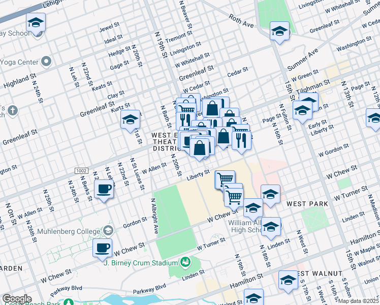 map of restaurants, bars, coffee shops, grocery stores, and more near 1919 West Allen Street in Allentown