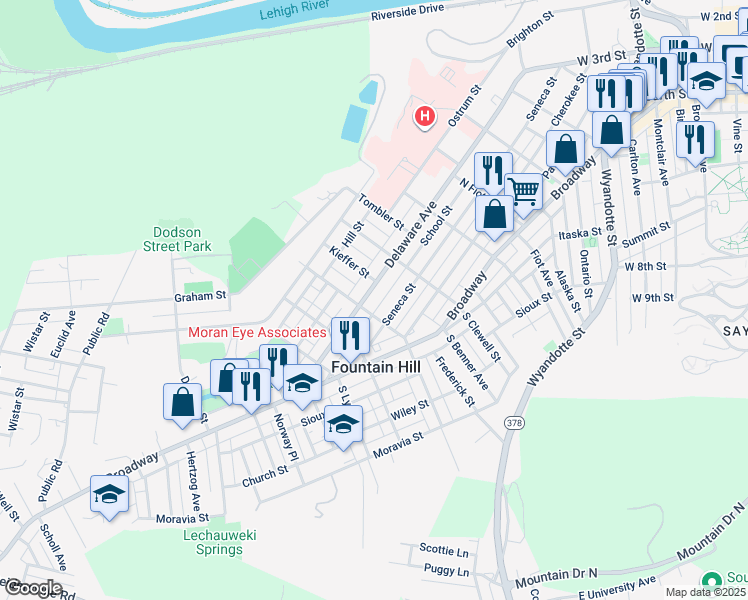 map of restaurants, bars, coffee shops, grocery stores, and more near 1056 Delaware Avenue in Fountain Hill