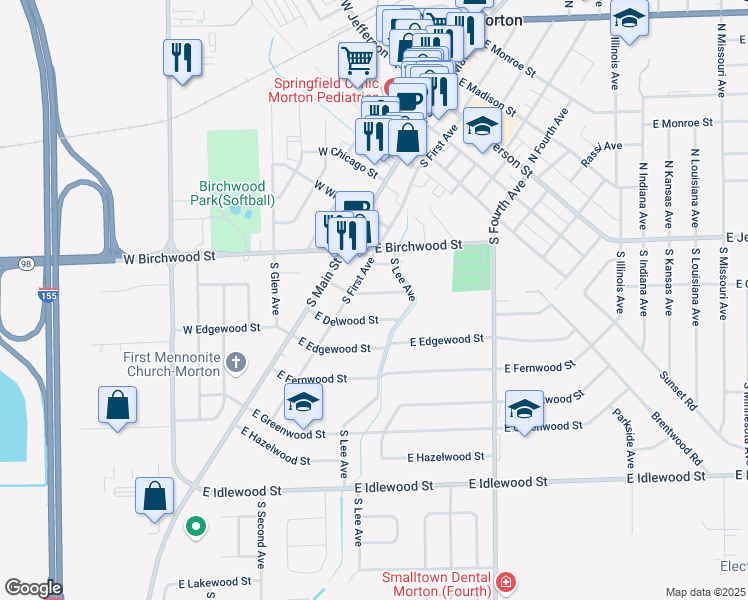 map of restaurants, bars, coffee shops, grocery stores, and more near 222 East Crestwood Street in Morton