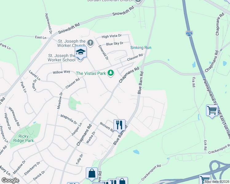 map of restaurants, bars, coffee shops, grocery stores, and more near 5366 Chapmans Road in Lehigh County