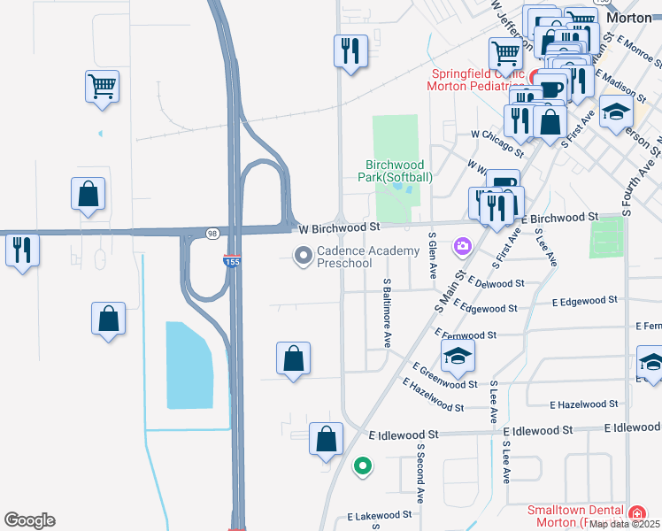 map of restaurants, bars, coffee shops, grocery stores, and more near 410 Maxine Drive in Morton
