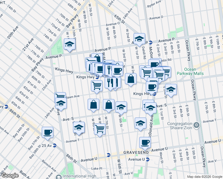 map of restaurants, bars, coffee shops, grocery stores, and more near 195 Highlawn Avenue in Brooklyn
