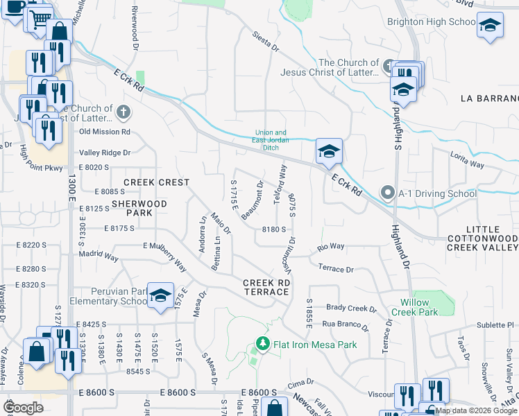 map of restaurants, bars, coffee shops, grocery stores, and more near 8119 Beaumont Drive in Sandy