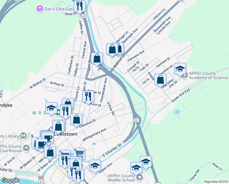 map of restaurants, bars, coffee shops, grocery stores, and more near 52 Railroad Street in Lewistown