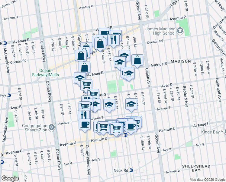 map of restaurants, bars, coffee shops, grocery stores, and more near 1423 Avenue S in Brooklyn