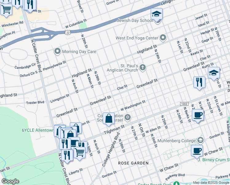 map of restaurants, bars, coffee shops, grocery stores, and more near 2713 Greenleaf Street in Allentown