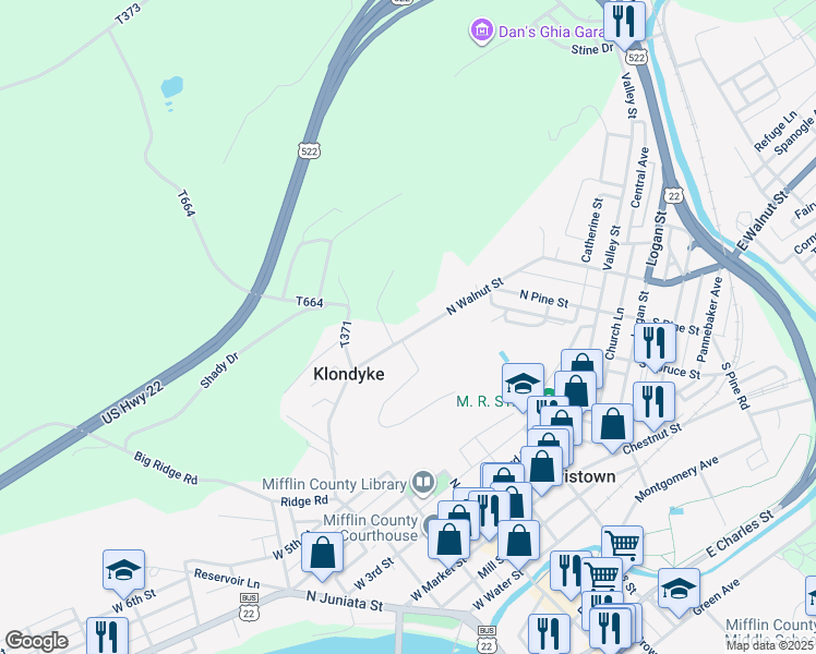 map of restaurants, bars, coffee shops, grocery stores, and more near 244 North Walnut Street in Lewistown