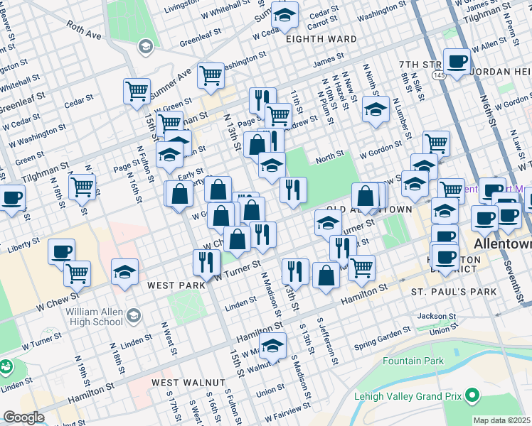 map of restaurants, bars, coffee shops, grocery stores, and more near 315 North 13th Street in Allentown