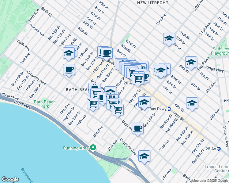 map of restaurants, bars, coffee shops, grocery stores, and more near 81 Bay 22nd Street in Brooklyn