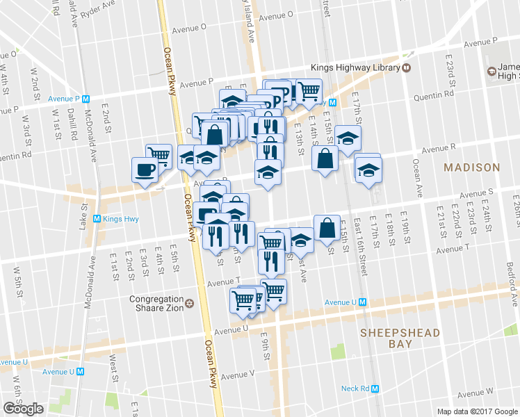 map of restaurants, bars, coffee shops, grocery stores, and more near 2176 Coney Island Avenue in Brooklyn