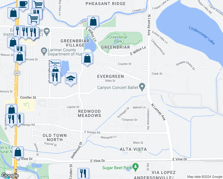 map of restaurants, bars, coffee shops, grocery stores, and more near 1206 Muddler Court in Fort Collins