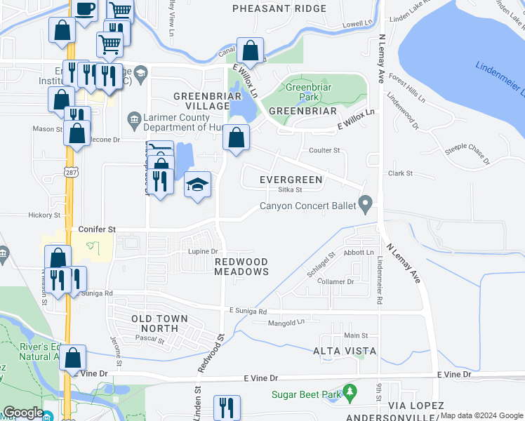 map of restaurants, bars, coffee shops, grocery stores, and more near 631 Conifer Street in Fort Collins