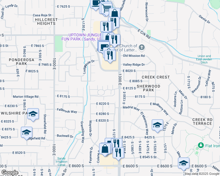 map of restaurants, bars, coffee shops, grocery stores, and more near 1178 East Cottonwood Hills Drive in Sandy