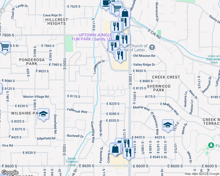 map of restaurants, bars, coffee shops, grocery stores, and more near 8149 Cottonwood Hills Circle in Sandy