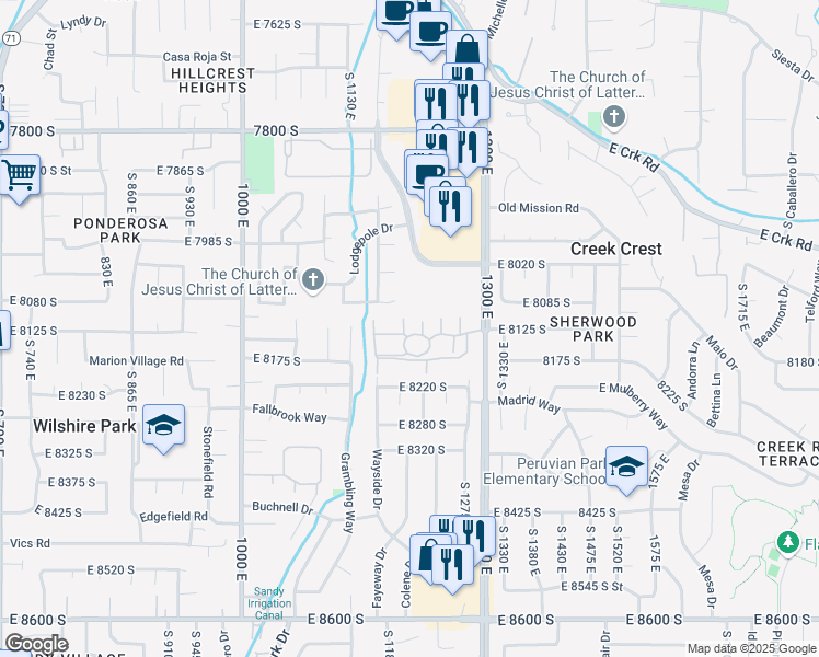 map of restaurants, bars, coffee shops, grocery stores, and more near 8149 Cottonwood Hills Circle in Sandy