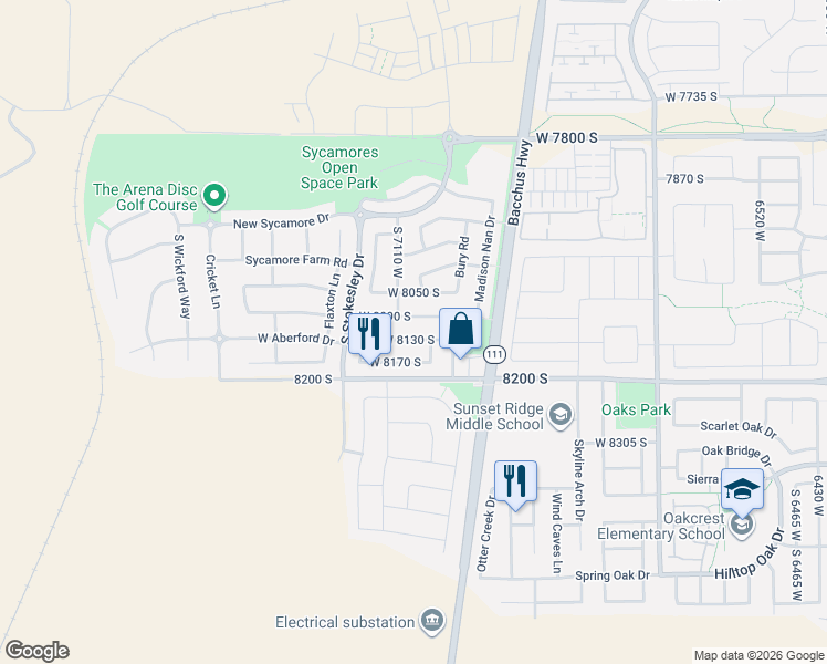 map of restaurants, bars, coffee shops, grocery stores, and more near 7118 West 8130 South in West Jordan