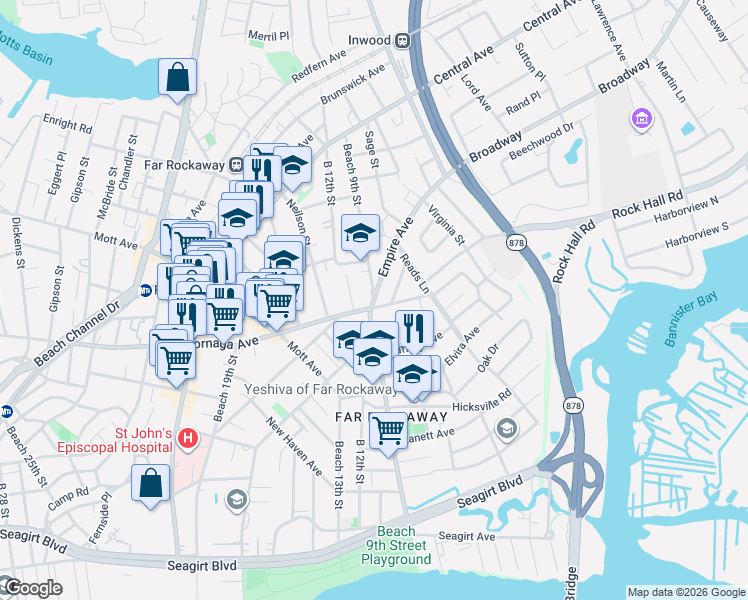 map of restaurants, bars, coffee shops, grocery stores, and more near 912 Cornaga Avenue in Queens
