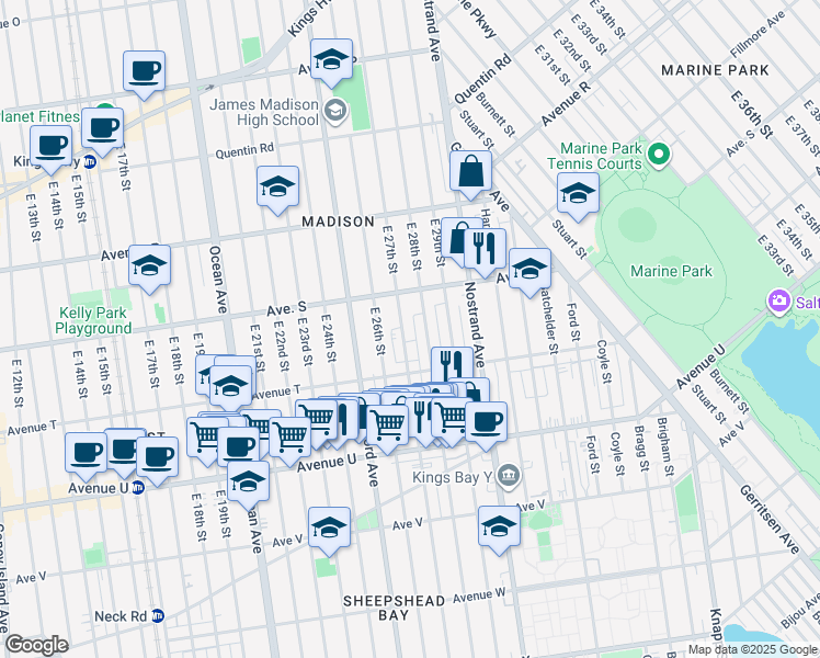 map of restaurants, bars, coffee shops, grocery stores, and more near 1950 East 27th Street in Brooklyn