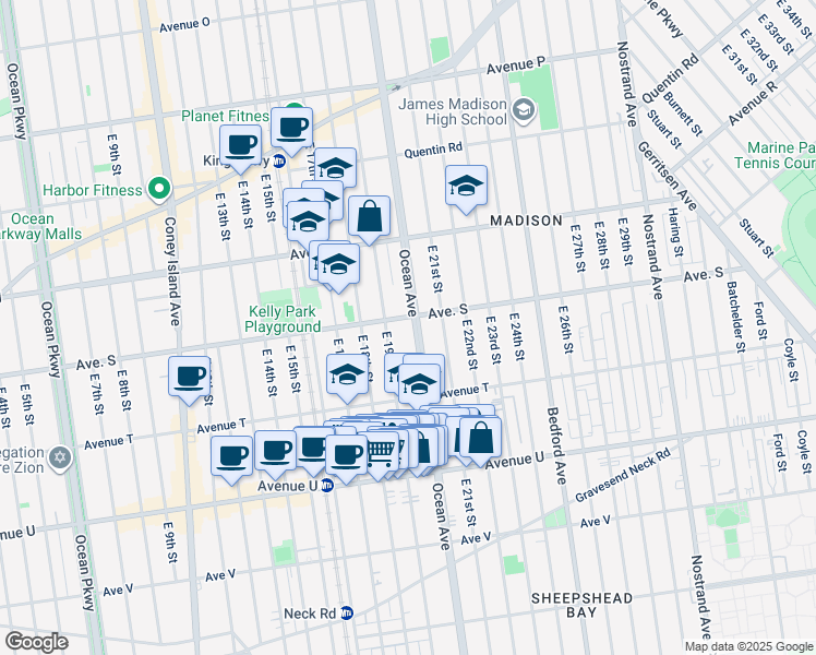 map of restaurants, bars, coffee shops, grocery stores, and more near 1915 East 19th Street in Brooklyn