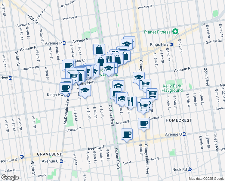 map of restaurants, bars, coffee shops, grocery stores, and more near 1853 Ocean Parkway Service Road in Brooklyn