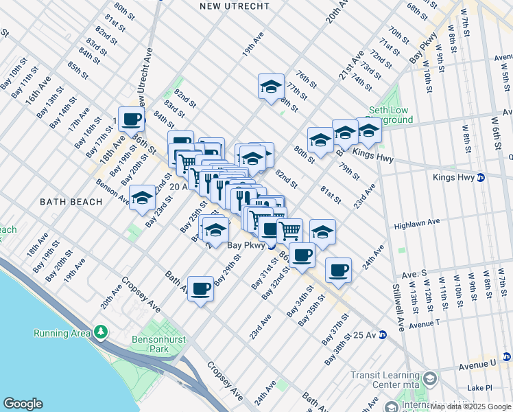 map of restaurants, bars, coffee shops, grocery stores, and more near 2116 85th Street in Brooklyn