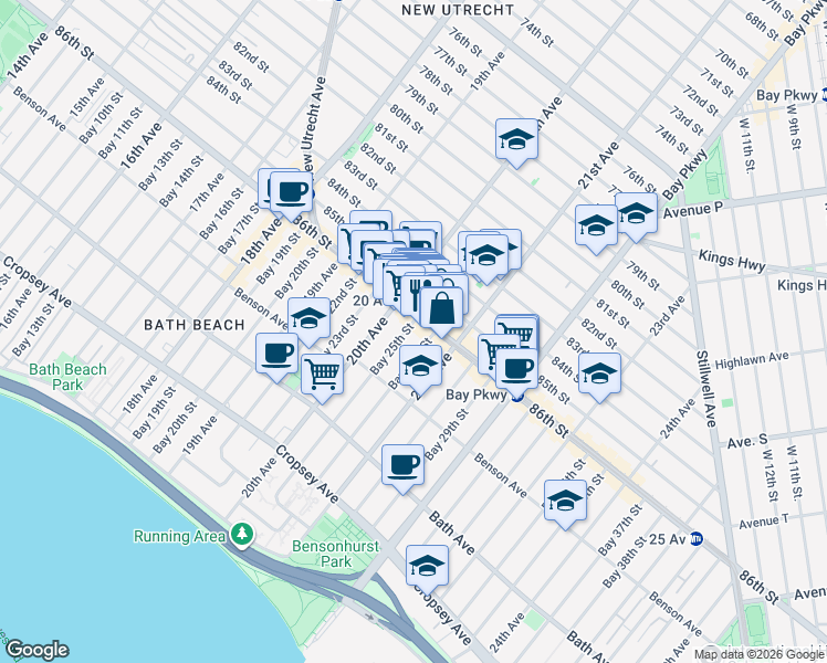 map of restaurants, bars, coffee shops, grocery stores, and more near 29 Bay 25th Street in Brooklyn
