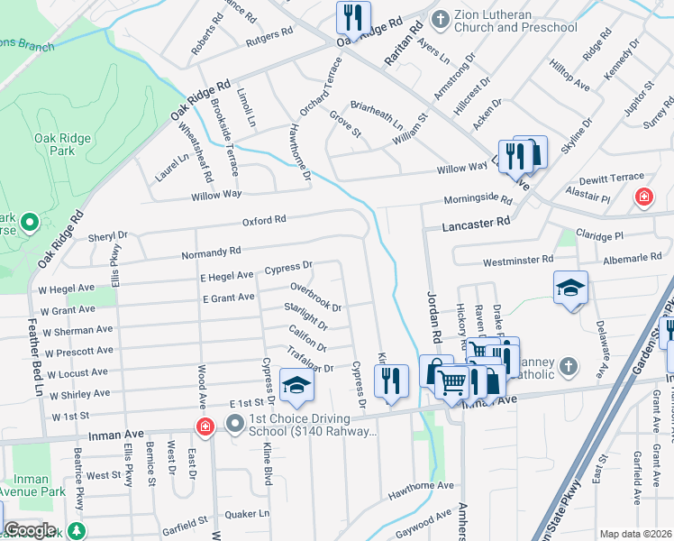 map of restaurants, bars, coffee shops, grocery stores, and more near 12 Dellwood Court in Woodbridge Township