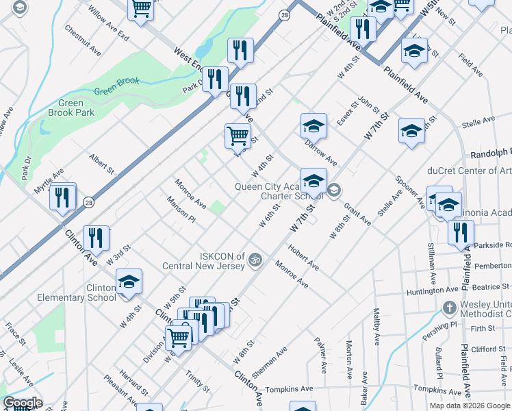 map of restaurants, bars, coffee shops, grocery stores, and more near 944 West 5th Street in Plainfield