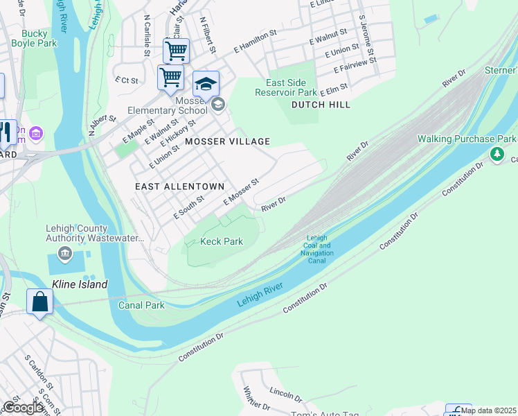 map of restaurants, bars, coffee shops, grocery stores, and more near 333 River Drive in Allentown