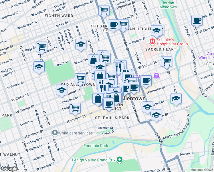 map of restaurants, bars, coffee shops, grocery stores, and more near 824 Chestnut Street in Allentown