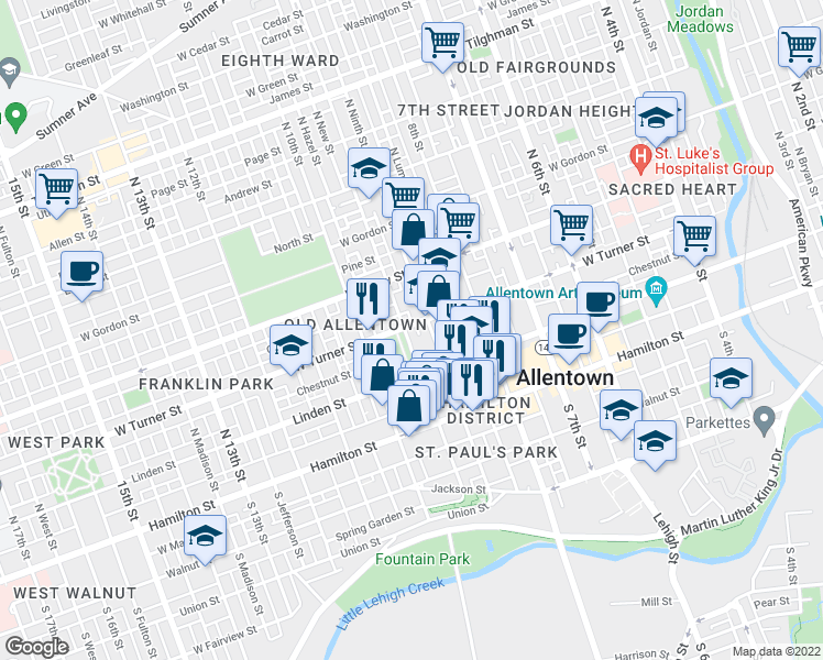 map of restaurants, bars, coffee shops, grocery stores, and more near 136 North Ninth Street in Allentown