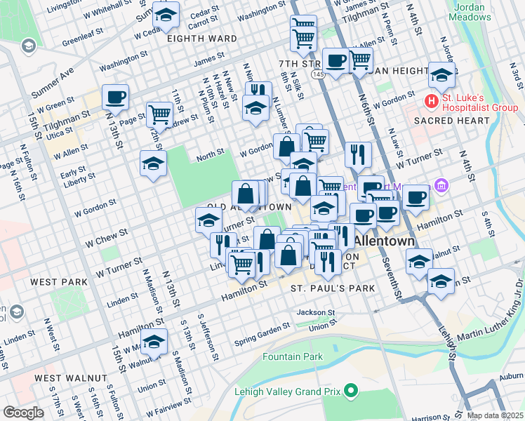 map of restaurants, bars, coffee shops, grocery stores, and more near 943 West Turner Street in Allentown