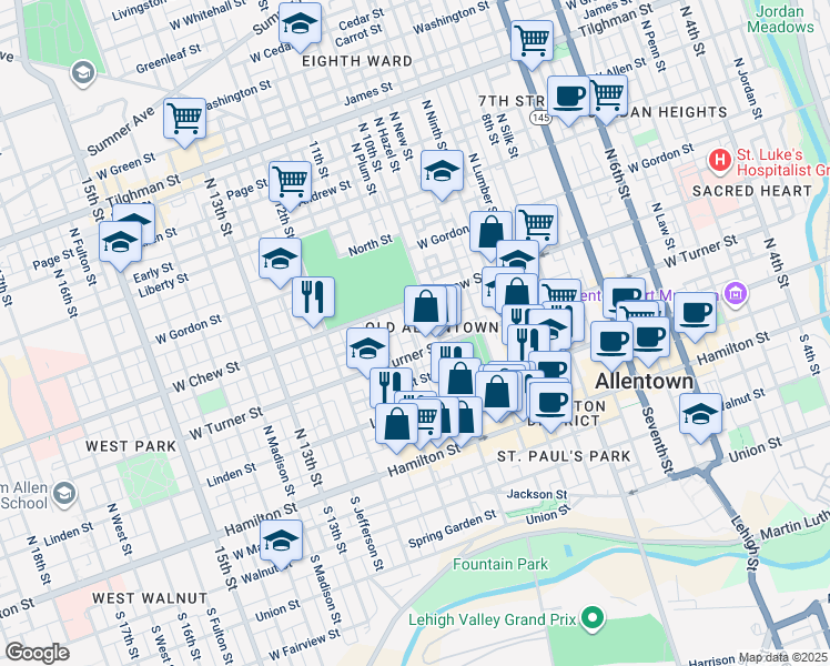 map of restaurants, bars, coffee shops, grocery stores, and more near in Allentown
