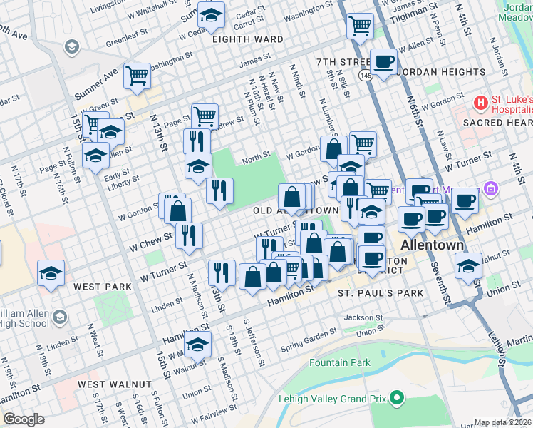 map of restaurants, bars, coffee shops, grocery stores, and more near 223 11th Street in Allentown