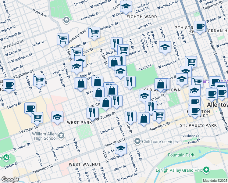 map of restaurants, bars, coffee shops, grocery stores, and more near 311 North 13th Street in Allentown