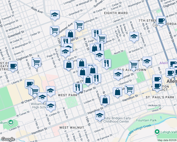 map of restaurants, bars, coffee shops, grocery stores, and more near 324 North Madison Street in Allentown