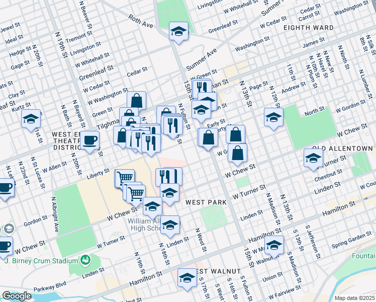 map of restaurants, bars, coffee shops, grocery stores, and more near 1616 Liberty Street in Allentown