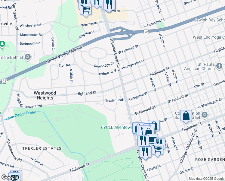 map of restaurants, bars, coffee shops, grocery stores, and more near 1030 North 32nd Street in Allentown