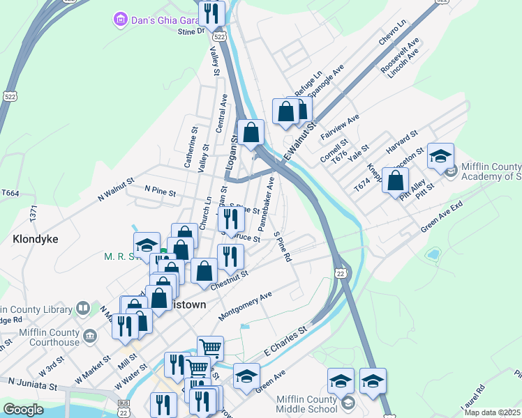 map of restaurants, bars, coffee shops, grocery stores, and more near 101 Pannebaker Avenue in Lewistown