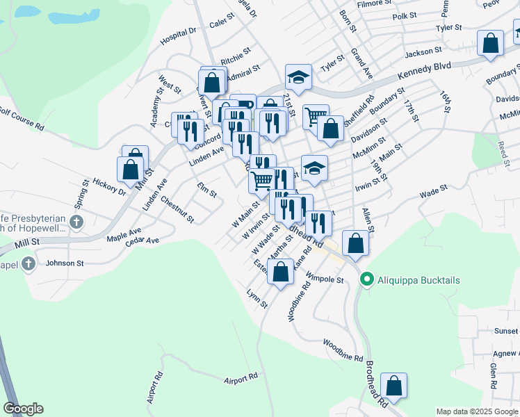 map of restaurants, bars, coffee shops, grocery stores, and more near 2315 West Main Street in Aliquippa