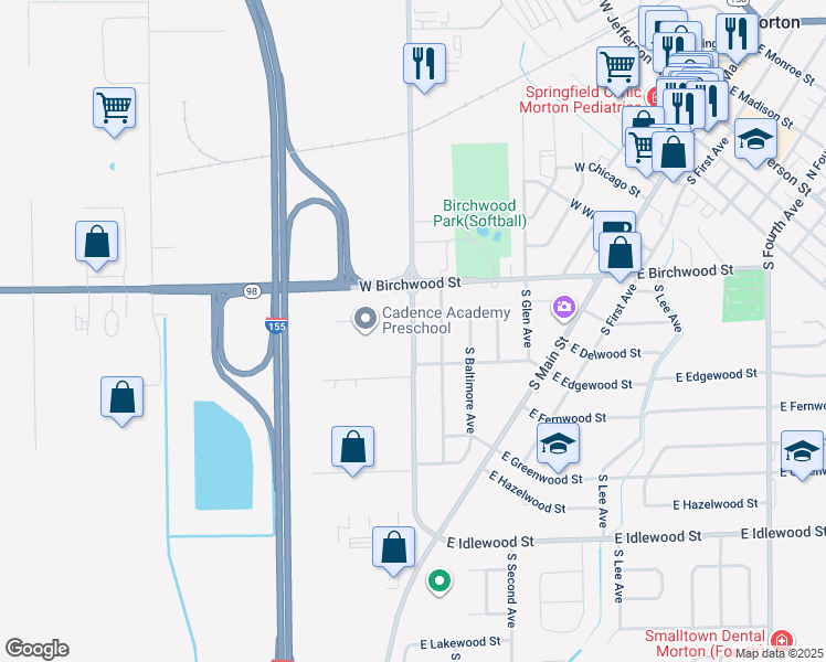 map of restaurants, bars, coffee shops, grocery stores, and more near 410 Maxine Drive in Morton