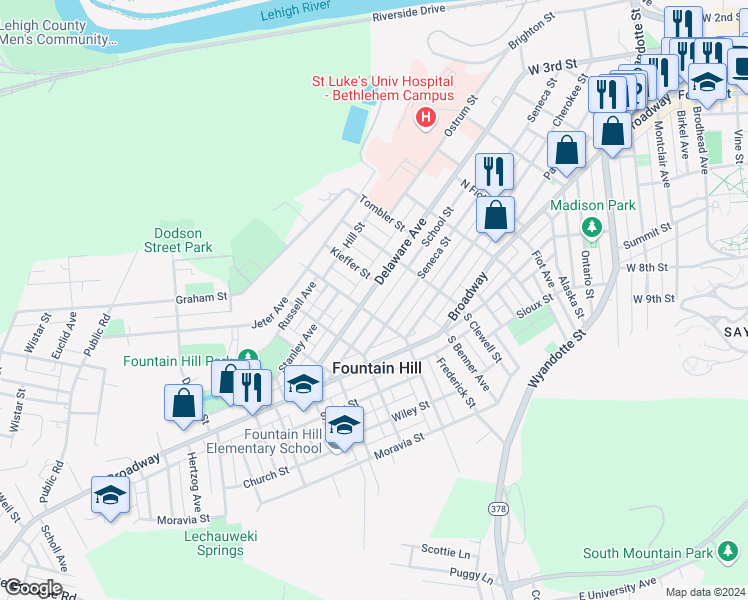 map of restaurants, bars, coffee shops, grocery stores, and more near 1056 Delaware Avenue in Fountain Hill