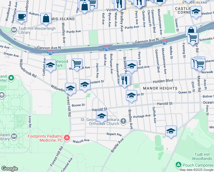 map of restaurants, bars, coffee shops, grocery stores, and more near 22 Fillmore Avenue in Staten Island