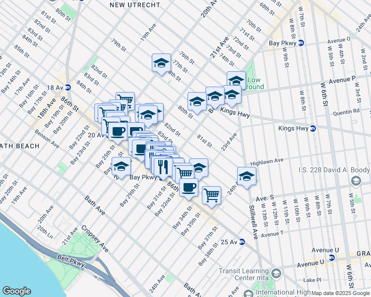 map of restaurants, bars, coffee shops, grocery stores, and more near 8223 Bay Parkway in Brooklyn