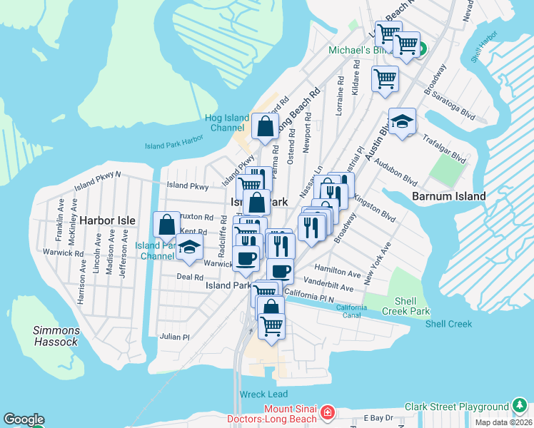 map of restaurants, bars, coffee shops, grocery stores, and more near 41 Parma Road in Island Park